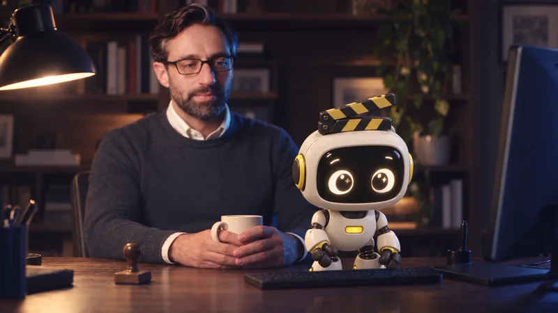 An editor leans back with a coffee while the CutAssist robot works at the keyboard