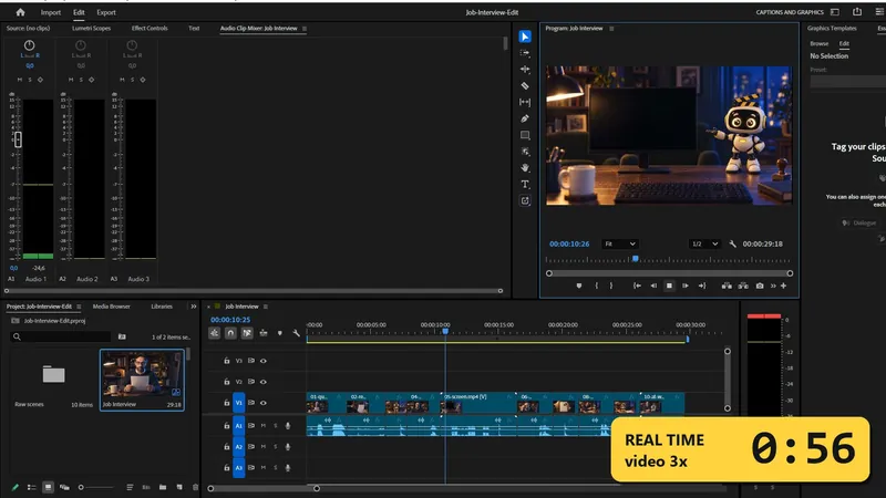 Screen recording: CutAssist assembles a video ad in Premiere Pro, sped up, with a real-time counter