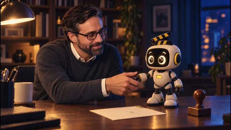 An editor at his desk shakes hands with the CutAssist robot