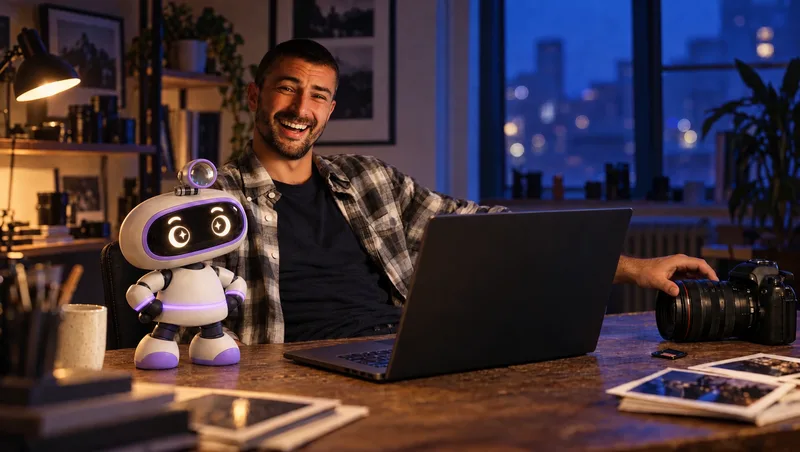 A photographer leans back with his camera while the PixAssist robot works at the laptop
