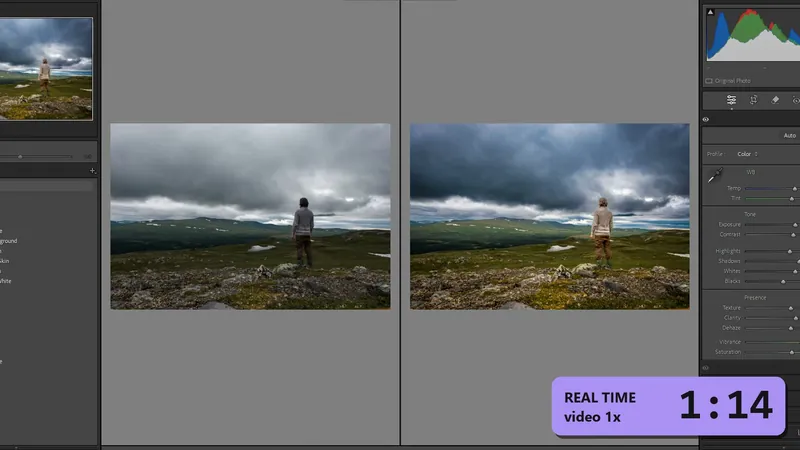 Screen recording: PixAssist edits a photo in Lightroom Classic, sped up, with a real-time counter