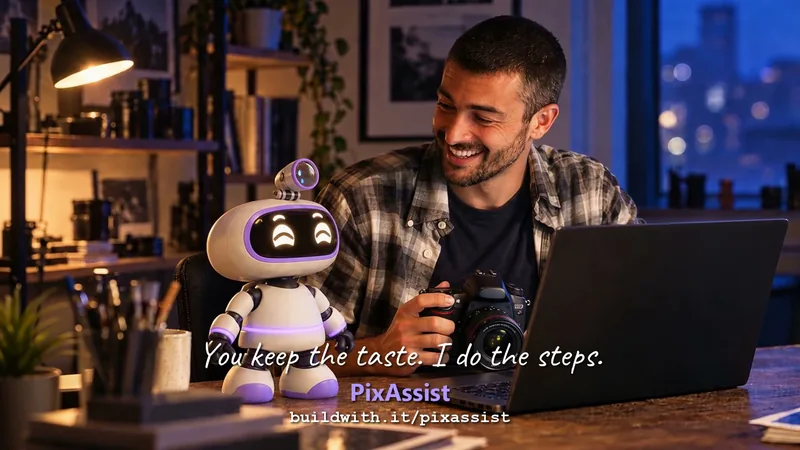 A photographer at his laptop smiles at the PixAssist robot