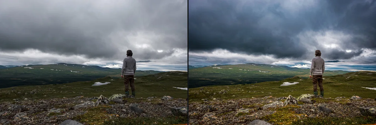 Before and after: the same photo, flat on the left and finished by PixAssist in Lightroom Classic on the right