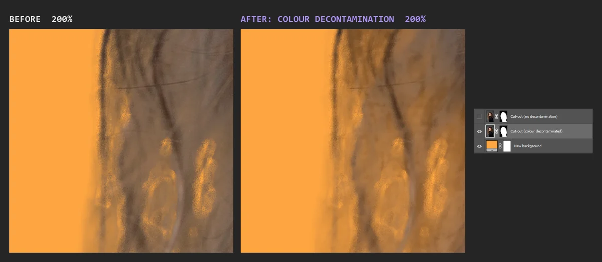 Hair on a new background at 200%, before and after colour decontamination.